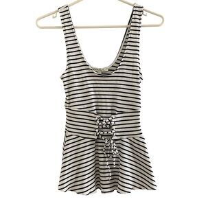 EXPRESS White & Navy Blue Striped Ruffle Tank